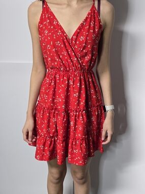 ROMWE Red Floral Wrap Tiered Mini Dress